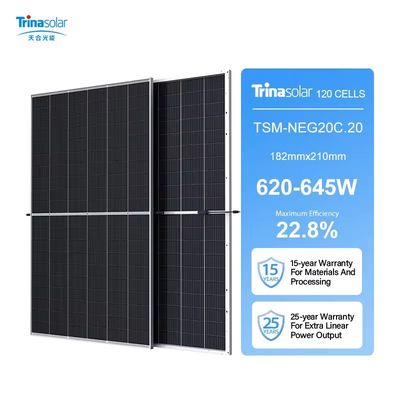 Trina Solar 620-645W Mono Bifacial de doble vidrio con marco negro Paneles solares para celda de media corte