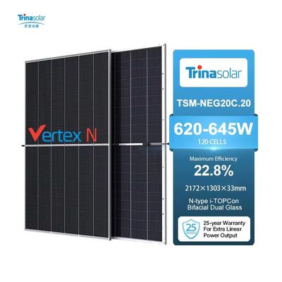 Trina Solar 620-645W PV mono bifacial de doble vidrio con marco de aleación de aluminio anodizado